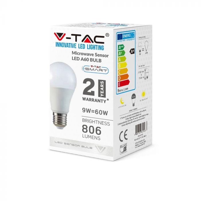 VT-2219 9W A60 Zarowka LED z czujnikiem mikrofalowy / Barwa:4000K / Trzonek:E27
