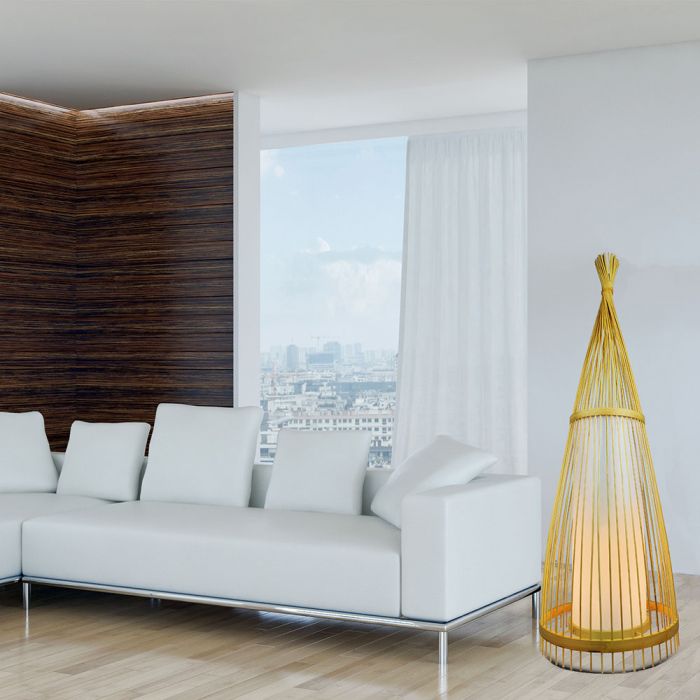 VT-4150 Lampa podlogowa / Klosz drewno z ratanem / srednic: 400 / Wysokosc: 1500