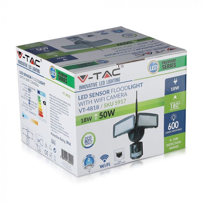 VT-4818 18W Naswietlacz LED SMD z czujnikiem ruchu i kamera / WiFi / Barwa:6000K / Obudowa: Czarna