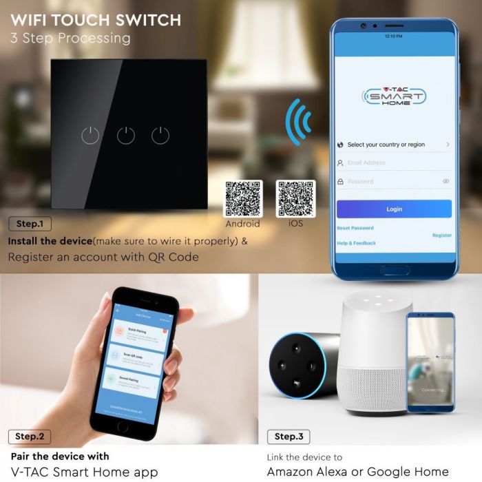 VT-5005 lacznik potrojny WIFI /Kompatybilna z Amazon Alexa i Google Home / Czarny