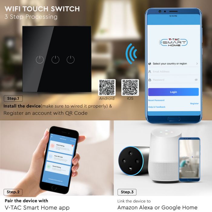 VT-5005 lacznik potrojny WIFI /Kompatybilna z Amazon Alexa i Google Home / Czarny