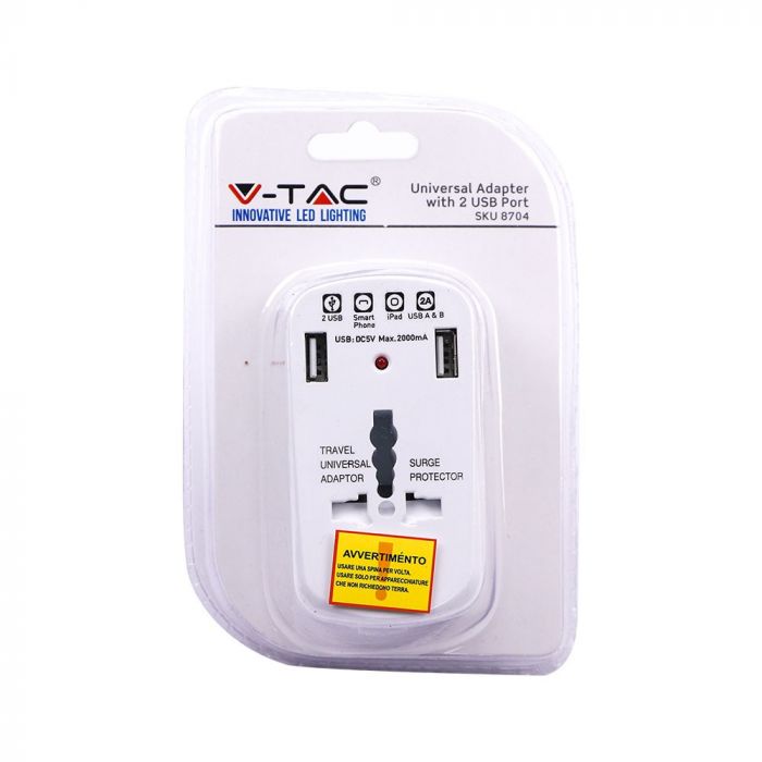 Uniwersalny adapter podroZny z zabezpieczeniem przeciwprzepieciowym z portem 2xUSB 2A