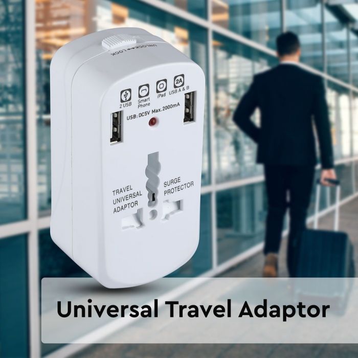 Uniwersalny adapter podroZny z zabezpieczeniem przeciwprzepieciowym z portem 2xUSB 2A