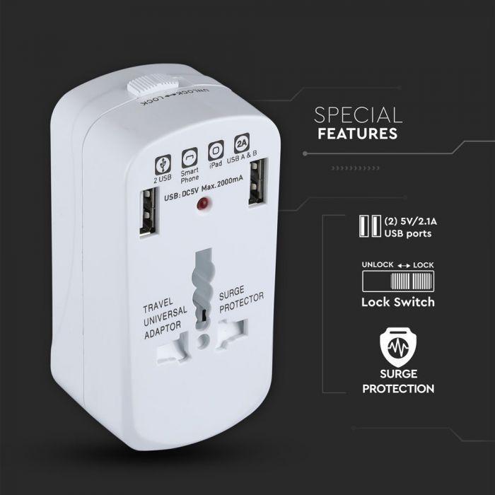 Uniwersalny adapter podroZny z zabezpieczeniem przeciwprzepieciowym z portem 2xUSB 2A