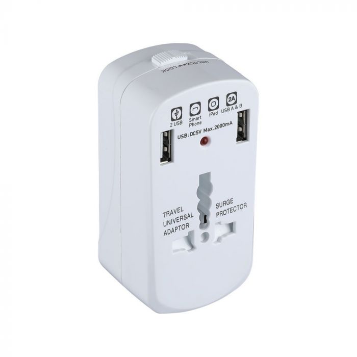 Uniwersalny adapter podroZny z zabezpieczeniem przeciwprzepieciowym z portem 2xUSB 2A