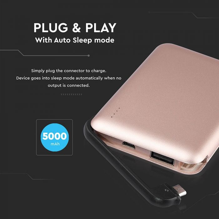 VT-3510 5000mah POWER BANK WITH LED LIGHT DISPLAY & CABLE(BLACK) -ROSE GOLD